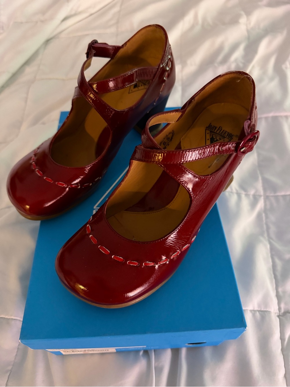 John Fluevog Wine/Cherry Red Mary Jane Block Heels - Picture 3 of 4